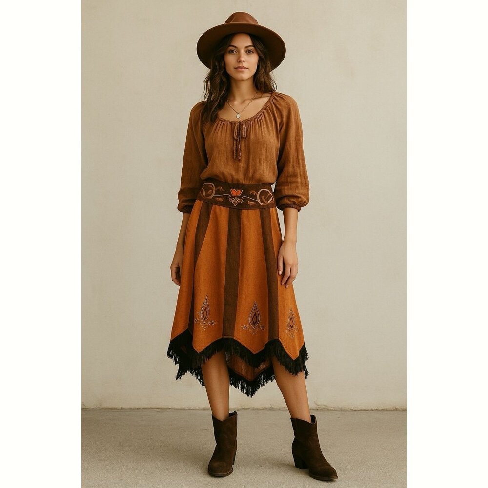 The Collection Royal Artisan Orange Skirt Womens Small Embroidered Fringe Resort